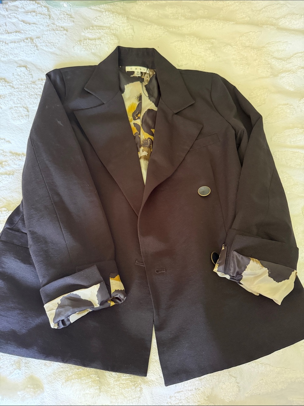 CAbi Black Double-Breasted Pea Coat with Patterned Lining